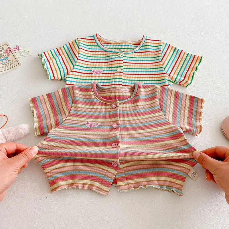 New Summer Girls Colourful Striped Cardigan Kids Short-Sleeved Knitted Sweater Children Cute Lace Bow Jeans 0-5Y Girls