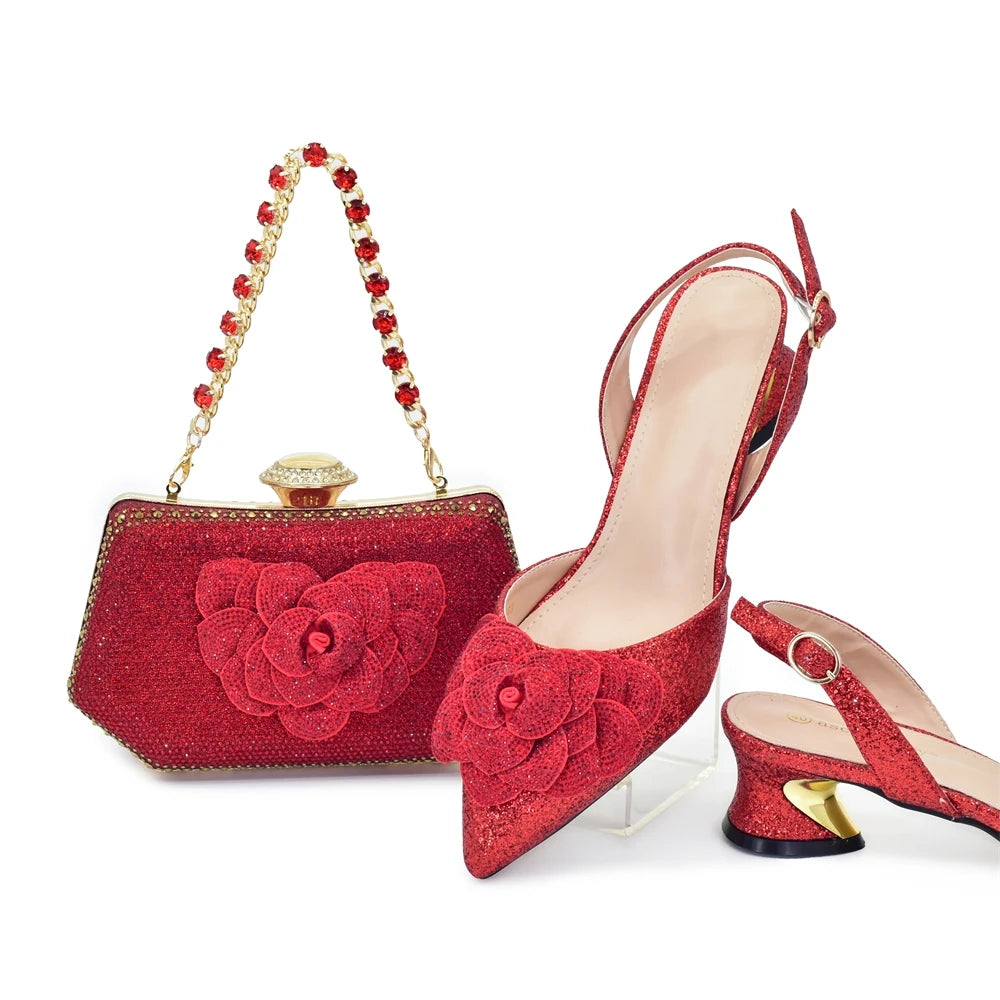 Designers Ladies Luxury Italian Party Shoes and Bag Set for Women Rhinestone-Decorated Suitable for Bride's Wedding