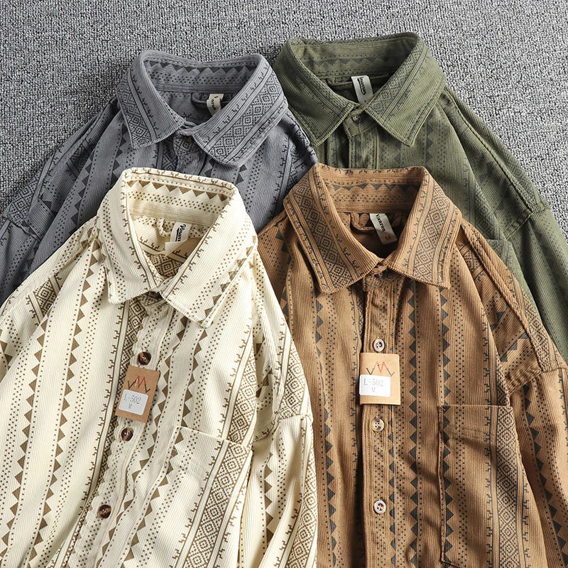 Lente Nieuwe Amerikaanse Retro Lange Mouw Revers Navajo Totem Bedrukt Shirt Herenmode 100% Katoen Gewassen Casual Blouses Dunne Jas