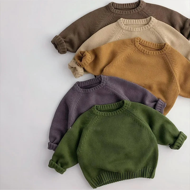Pure Cotton Solid Kids Sweaters Vintage Boys Pullover Knitwear Toddler Girls Sweater Shirt Outwear For Children 1-6Y Unisex