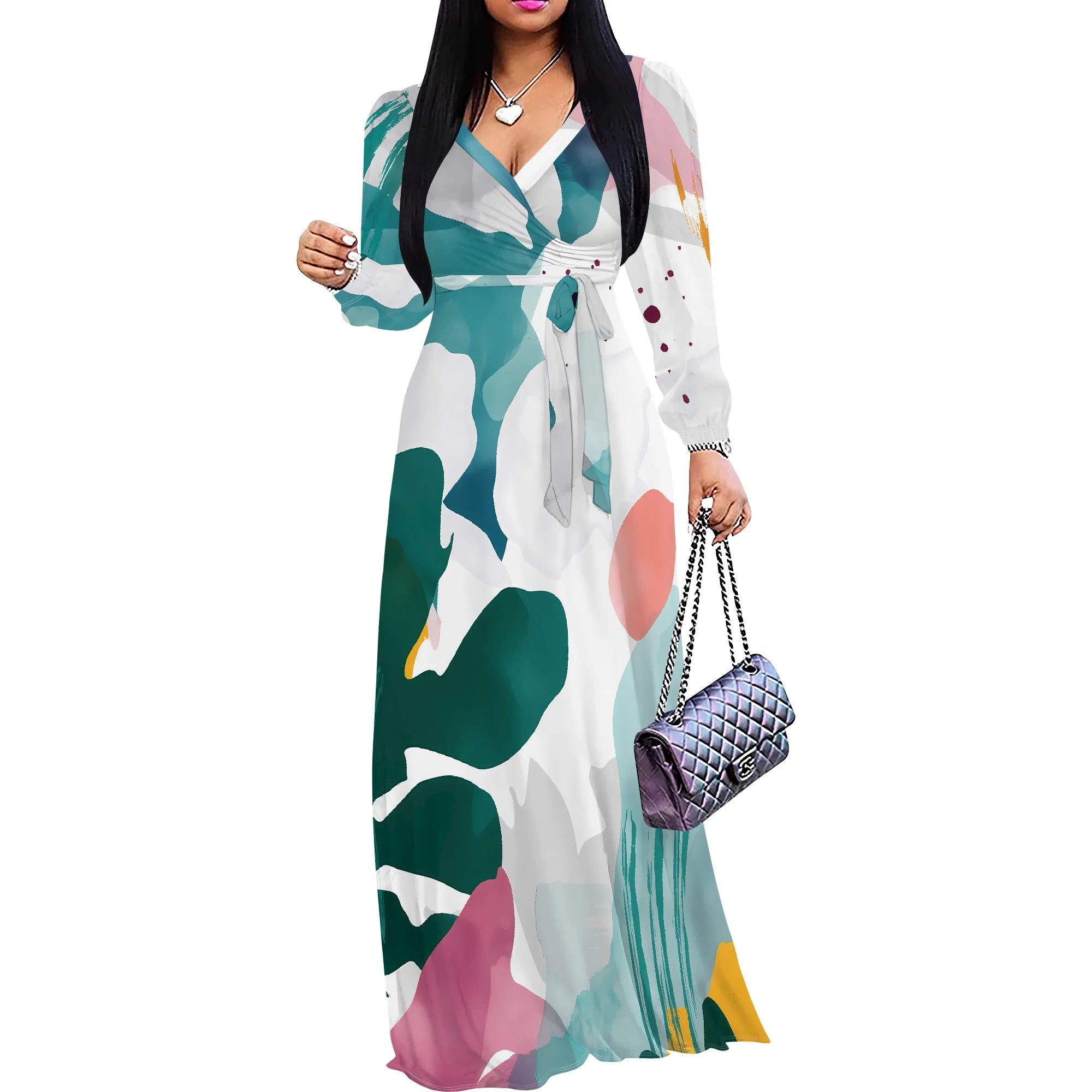 Standard Size Long Sleeve V Neck Maxi Dress White Tropical Leaf Print Casual Vacation Outfit
