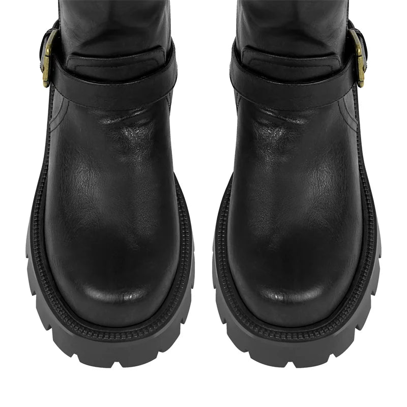 Women Buckle Gothic Black Knee High Boots Heeled Metal Side Zipper Fashion Matte  Modern Winnter Boots