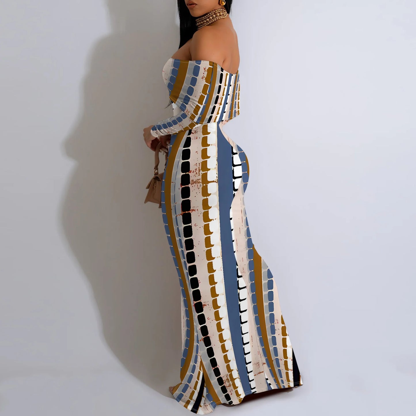 Yellow Floral Print Maxi Dress Off Shoulder Long Sleeve Elegant Bodycon Gown for Spring Picnic