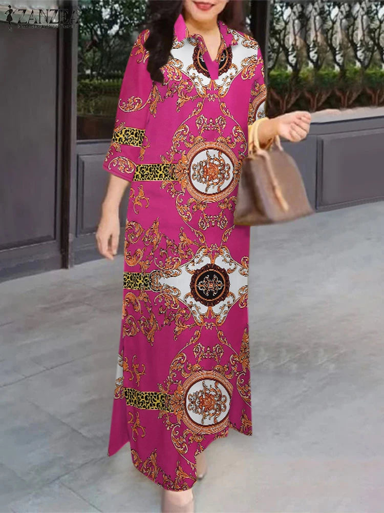 Fashion Slit Hem Shirtdress 3/4 Sleeve Women Vintage Casual Maxi Dress Autumn Baroque Print Lapel Neck Long Vestidos