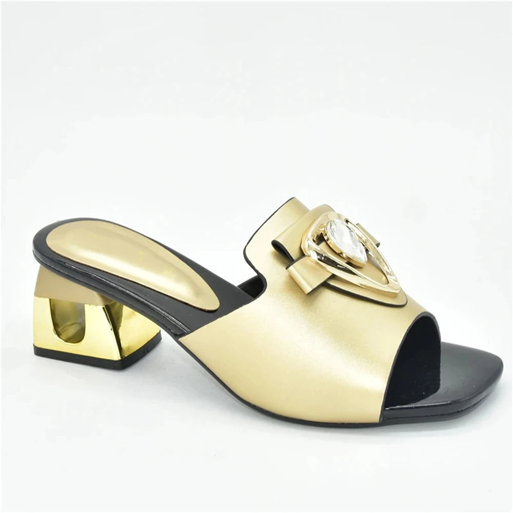 Women's Italian High Heel Slippers Shoes with Metal Trim and Rhinestones for Ladies Suitable for Autumn Wedding