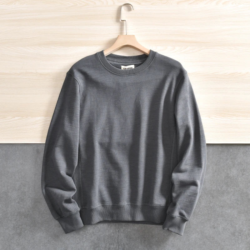 Lente Nieuwe Amerikaanse Retro Lange Mouw O-hals Effen Kleur Sweatshirts Heren Eenvoudige 100% Katoen Gewassen Trui Casual Sportkleding