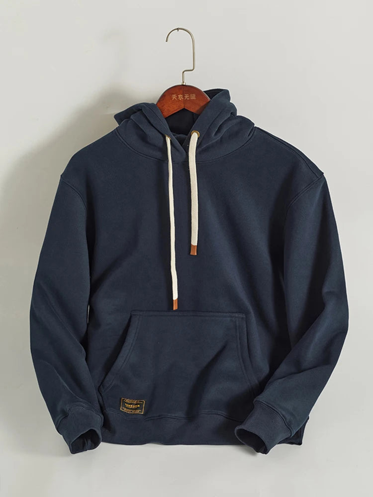 Autumn Winter American Retro Hooded Kangaroo Pocket Sweatershirts Men's Fashion Loose Casual Heavyweight Velvet Pullover Hoodies