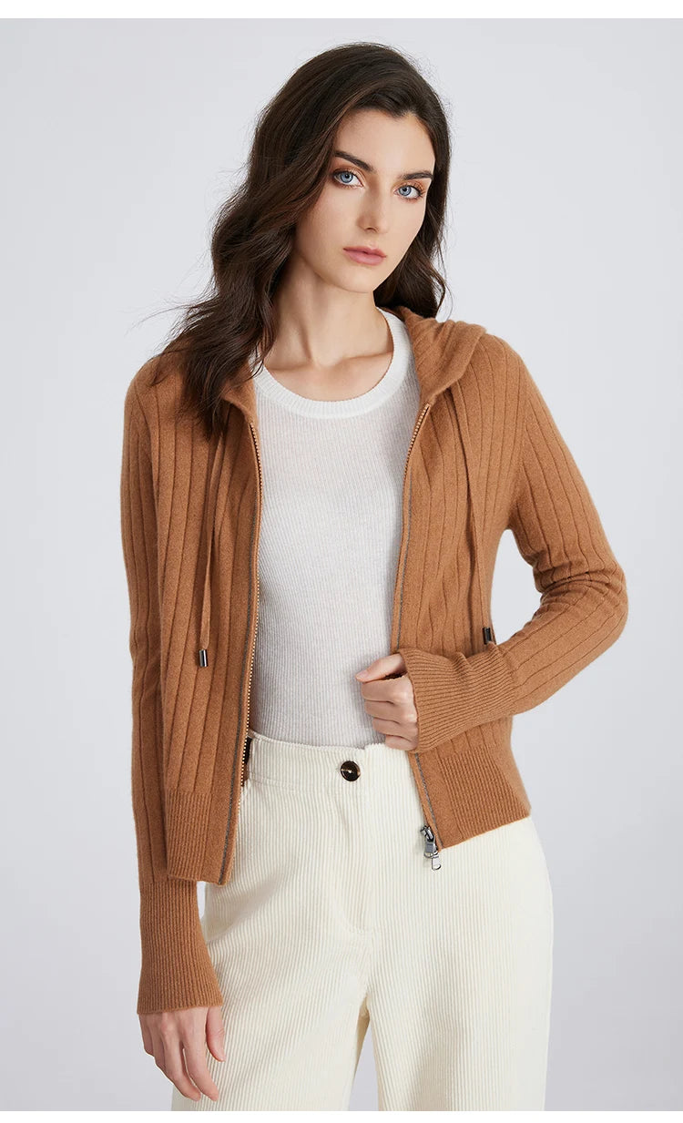 Women's High-Quality Winter Luxury Brand Long-Sleeved Hooded Cardigan & Knitted Sweater With 94% Cashmere For Ladies