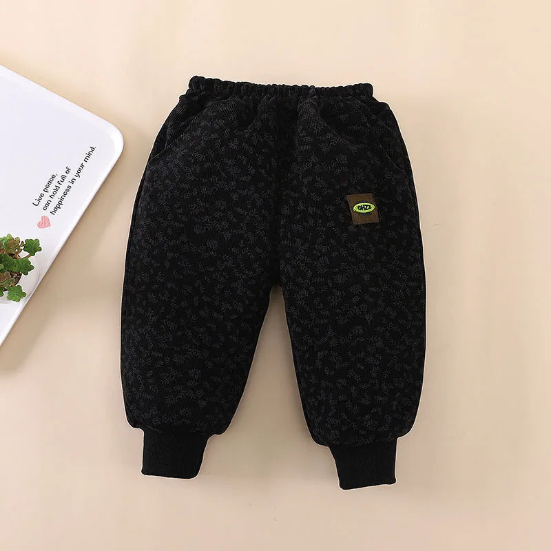 2024 New Children's Pants Girls Wheat Ear Printed Thick Trousers Winter Fur Lining Boys Warm Casual Pants 0-5Y Unisex