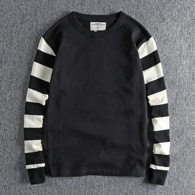 Autumn American Retro Long Sleeve Heavyweight Striped T-shirt Men's Fashion Pure Cotton Washed Prisoner Motorcycle Casual Tops