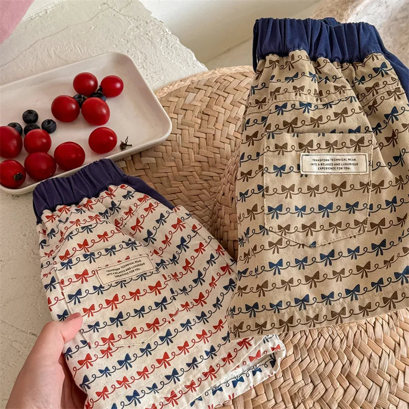 2025 Zomer Nieuwe Baby Meisjes Strik Print Shorts Katoenen Kinderen Losse Shorts Kinderen Veelzijdige Casual Broek Ademende Peuterkleding 4-6Y