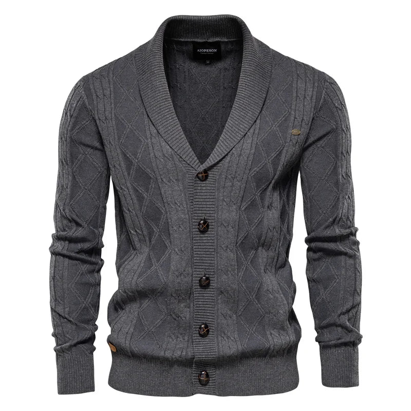 Men's Argyle Solid Colour Cardigan Casual Quality Zipper Cotton Winter Sweaters Basic Cardigans for Men