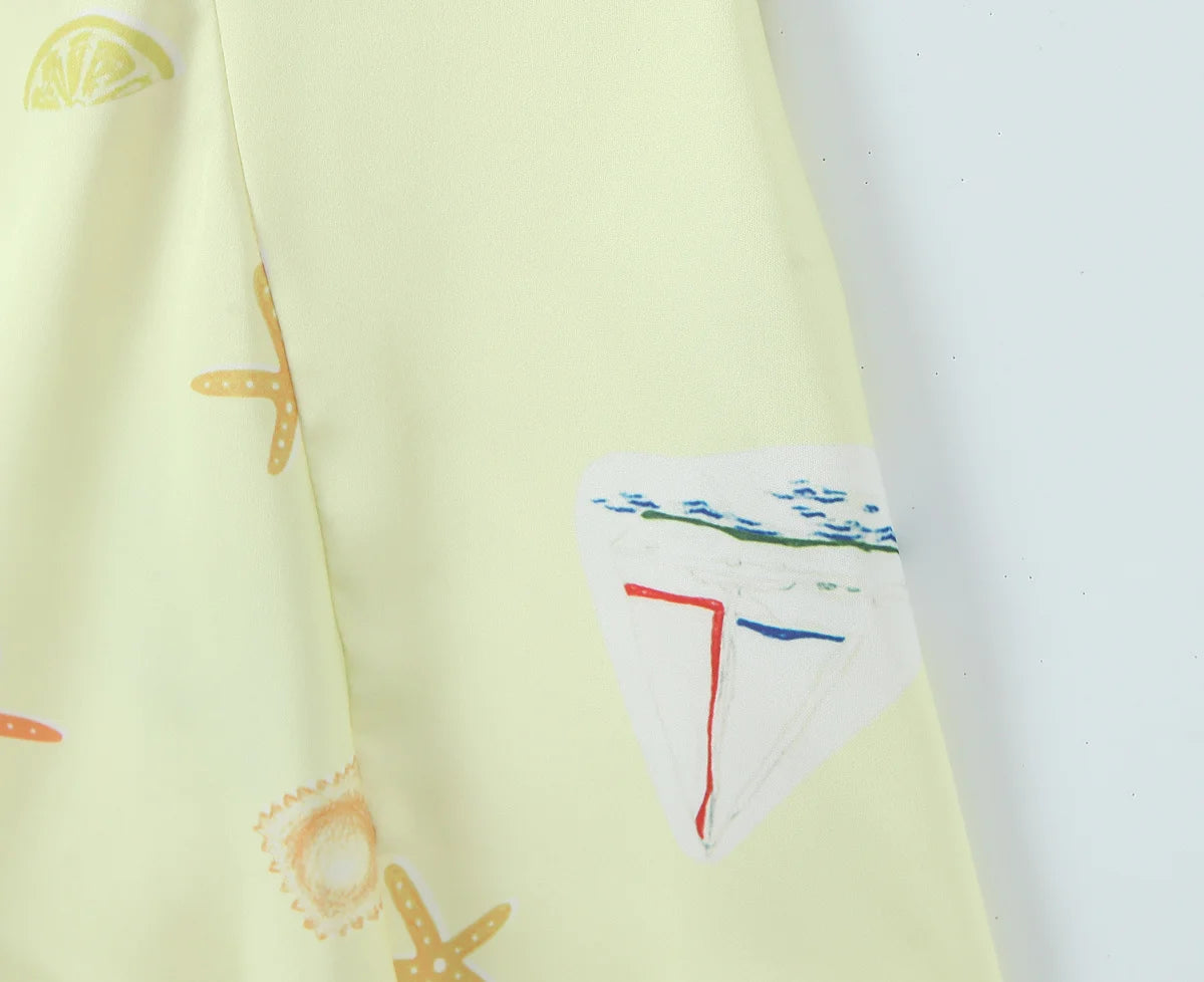 Cute Print Yellow Sexy Corset Style Sling Mini Dresses Women Summer A-line Holiday Dress Backless Robe