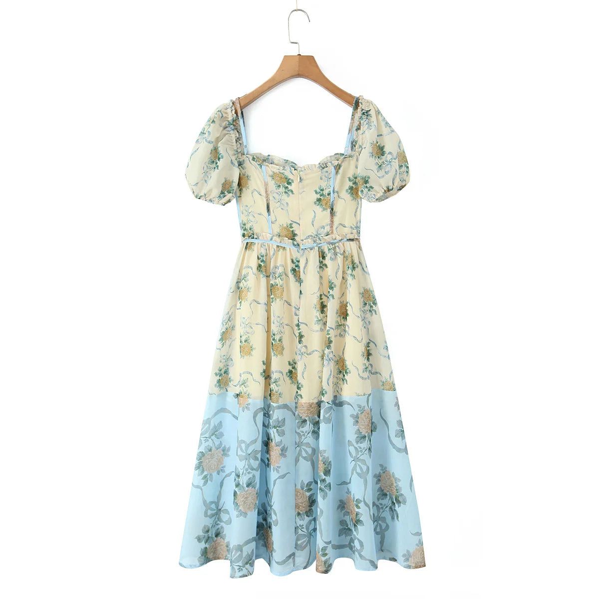 Patchwork Floral Print Boho Summer Dresses Women Vintage Puff Sleeve A-line Midi Chiffon Dress Chic Lady Vacation Robe