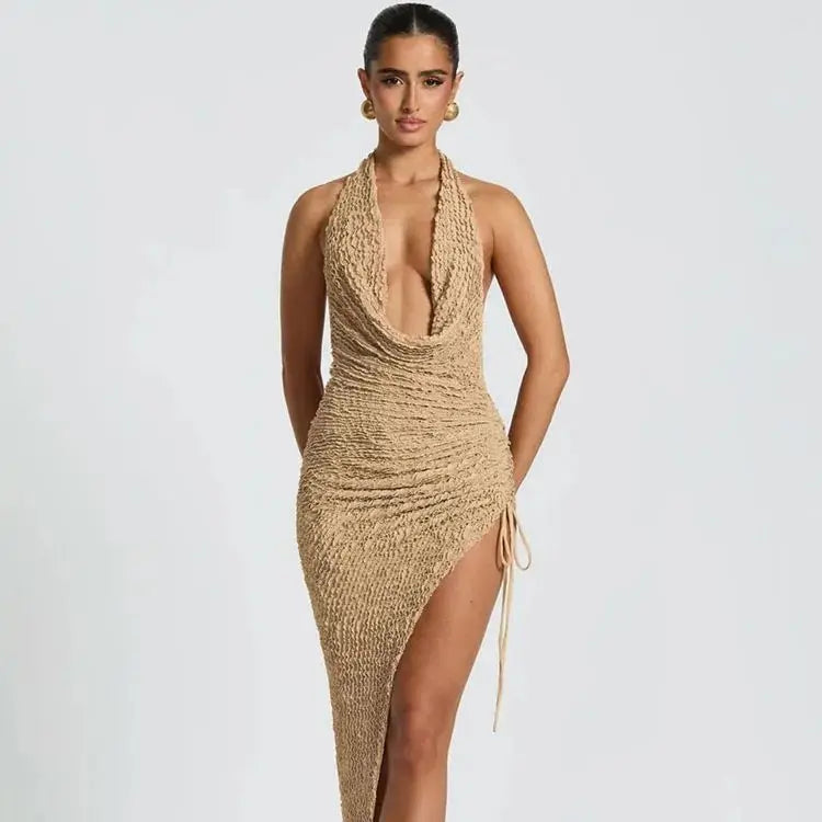 Women's Ruched Elegant Dress Halter Swing Collar Sexy Cleavage Backless Sleeveless Irregular Shirring Skinny Vestidos