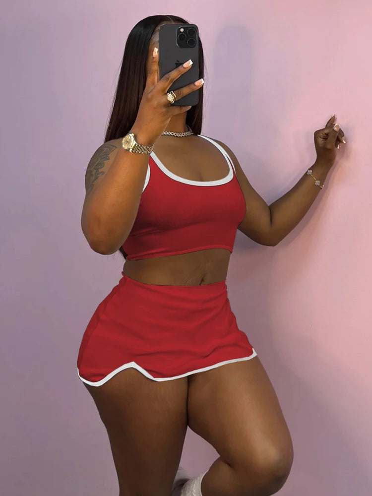 Casual Simple Women 2 Piece Set Tracksuit Skinny Tank Tops + Irregular Hem Skirts Matching Stretch Streetwear Outfits