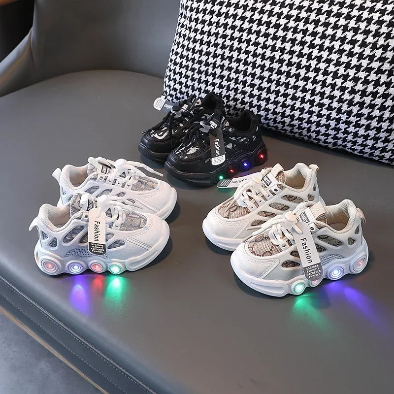 Kids LED Light Up Sneakers - Glow Boys 1-6 Years Breathable Mesh Sporty Shoes Casual Letter Webbing Luminous Footwear