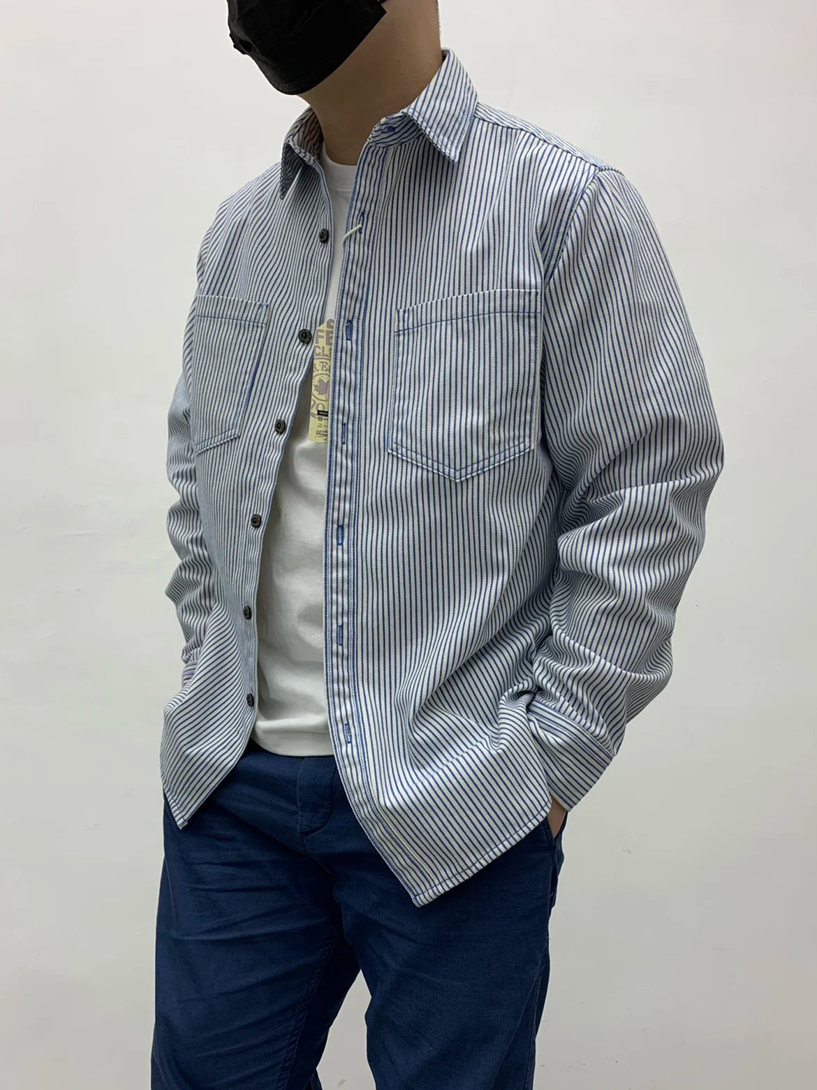 2025 Lente Nieuwe Japanse Retro Lange Mouw Revers Gestreepte Cargo Shirt Heren Amekaji 100% Katoen Gewassen Losse Dubbele Zakken Tops