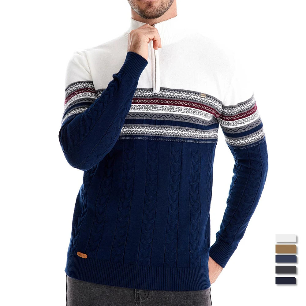 Men's High Quality Cotton Quarter Zipper Pullover Sweaters Warm Autumn Winter Mock Neck Retro Knitted Sweaters for Men