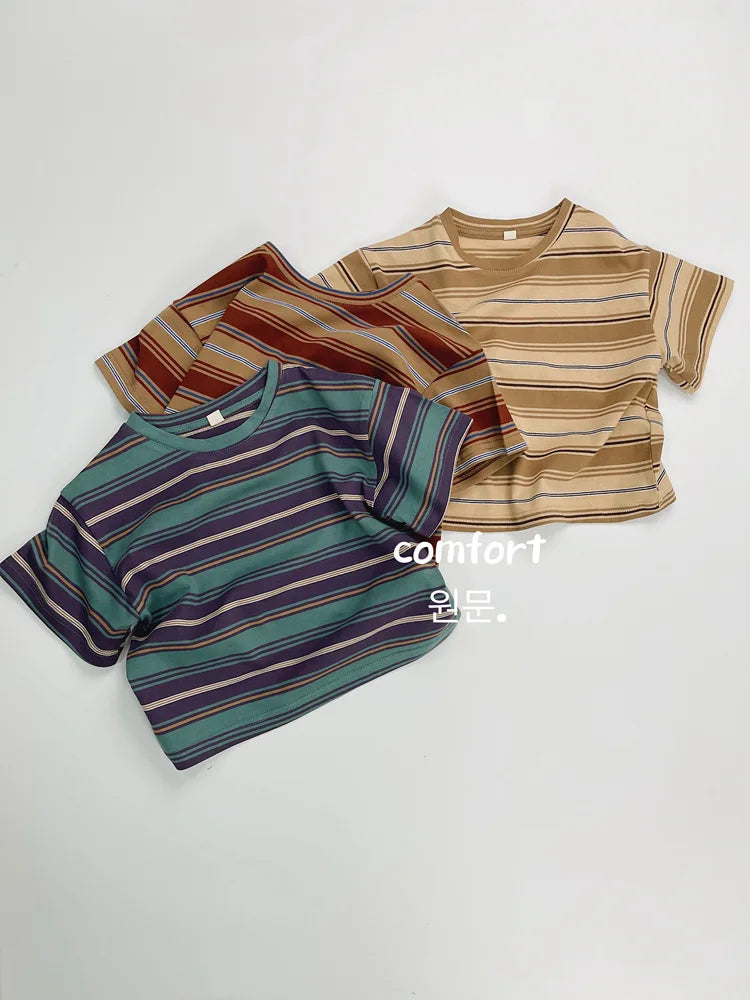 2025 Summer New Children Short Sleeve T-Shirts Cotton Baby Boy Girl Casual Striped Tees Toddler Versatile Tops Kids Clothes