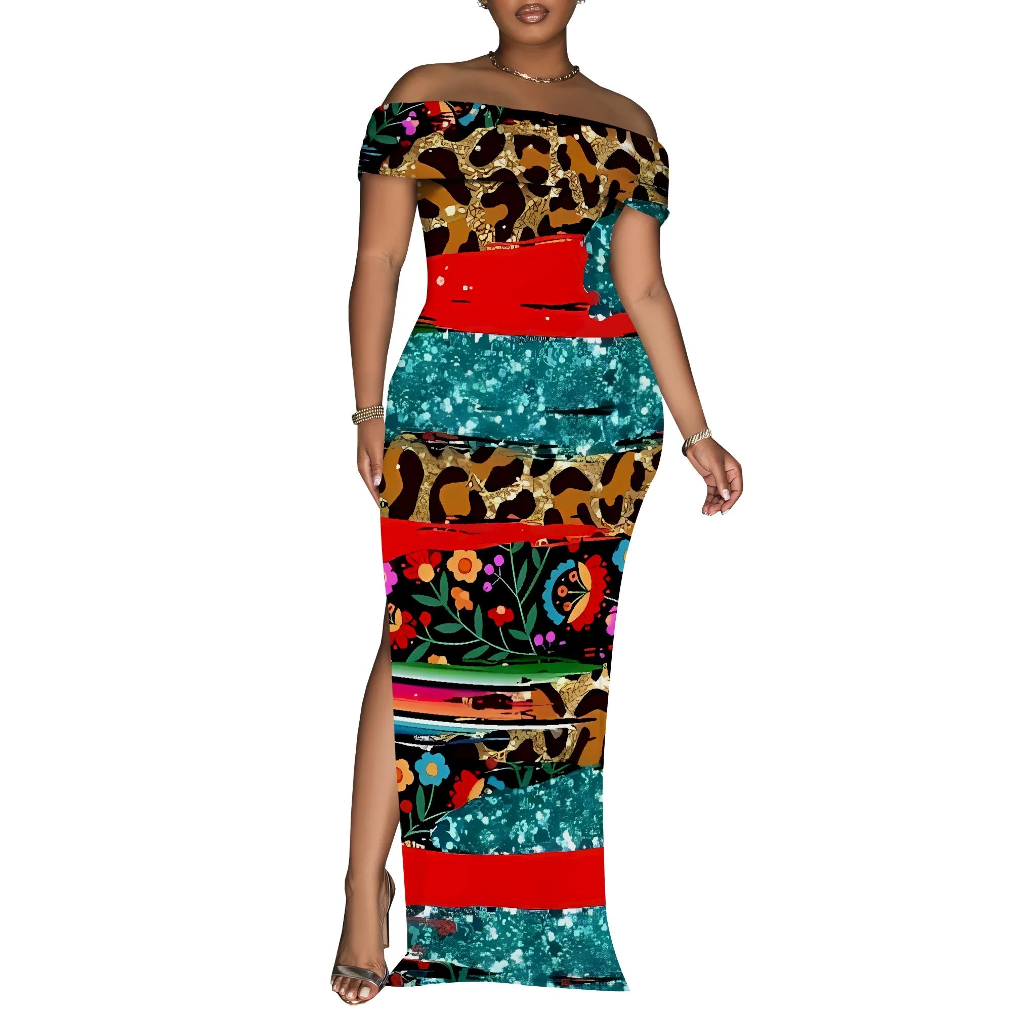 Tribal Patchwork Off Shoulder Maxi Dress Women Boho Style Slim Fit Slit Long Dress Party Clubwear