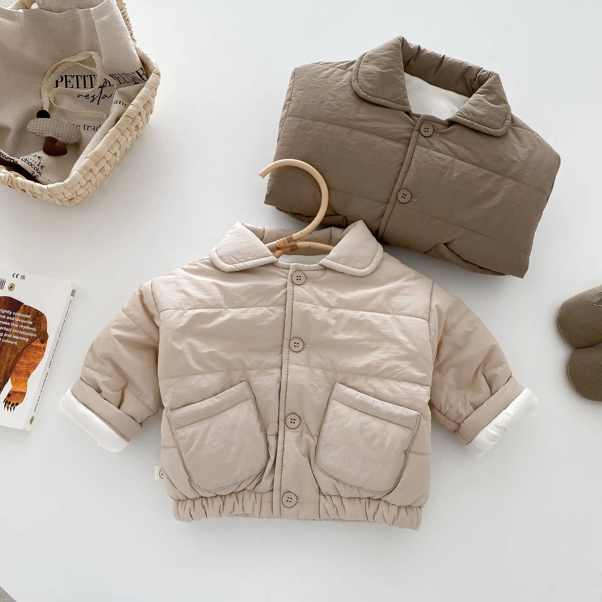 Baby Children's Winter Clothing Solid Colour Cotton Jacket Girls Simple Pocket Outwear Boys Fur Lining Warm Coat 0-5Y Unisex