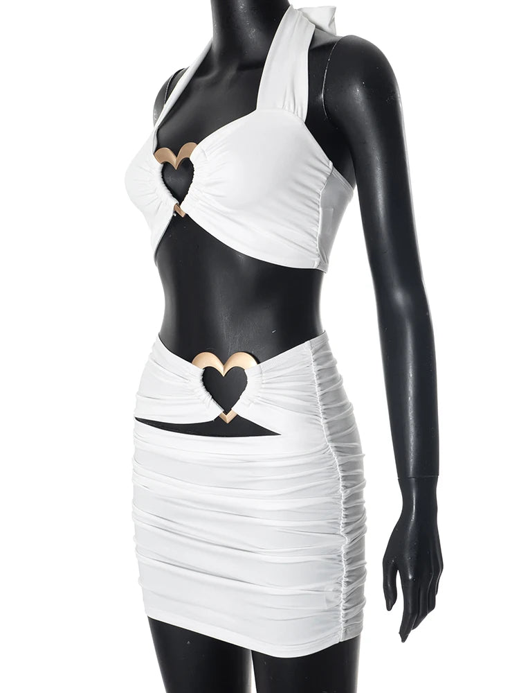 Liefdesringen Patchwork 2-delige set met gekruiste haltertops voor dames + gerimpelde holle rokken, bijpassende pakken met trendy straattrends