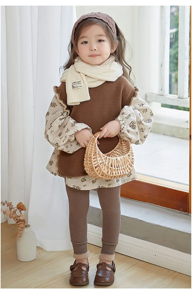 New Autumn Kids Leggings Infant Girls Solid Colour Pit Strip Render Pants Toddler Fleece Padded Warm Trousers 1-3Y Girls