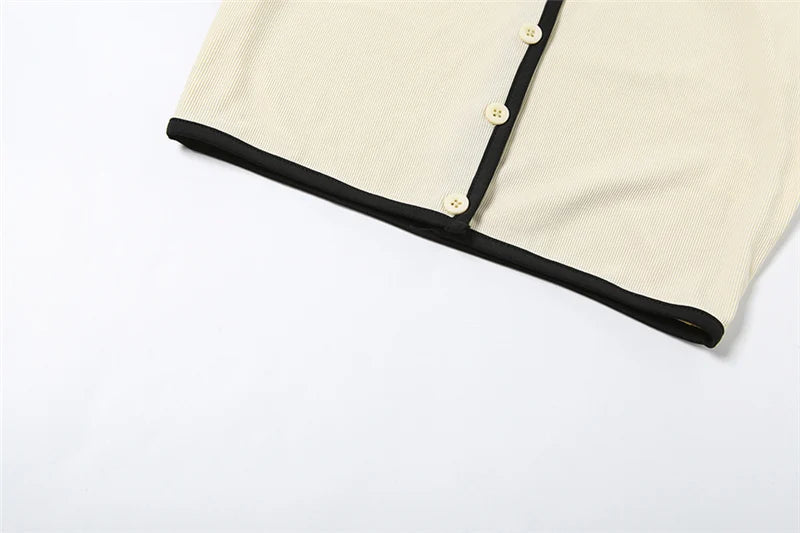 Geribbelde 2-delige set voor dames, polokraag, cardigan, crop tops + stretchrokken, bijpassende casual, eenvoudige, trendy, elegante outfits