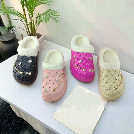 Kids' Slippers House Shoes Cartoon PU Leather Bow Winter Shoes Warm Anti-Slip Soft Bottom Shoes For Girls Size 40-45