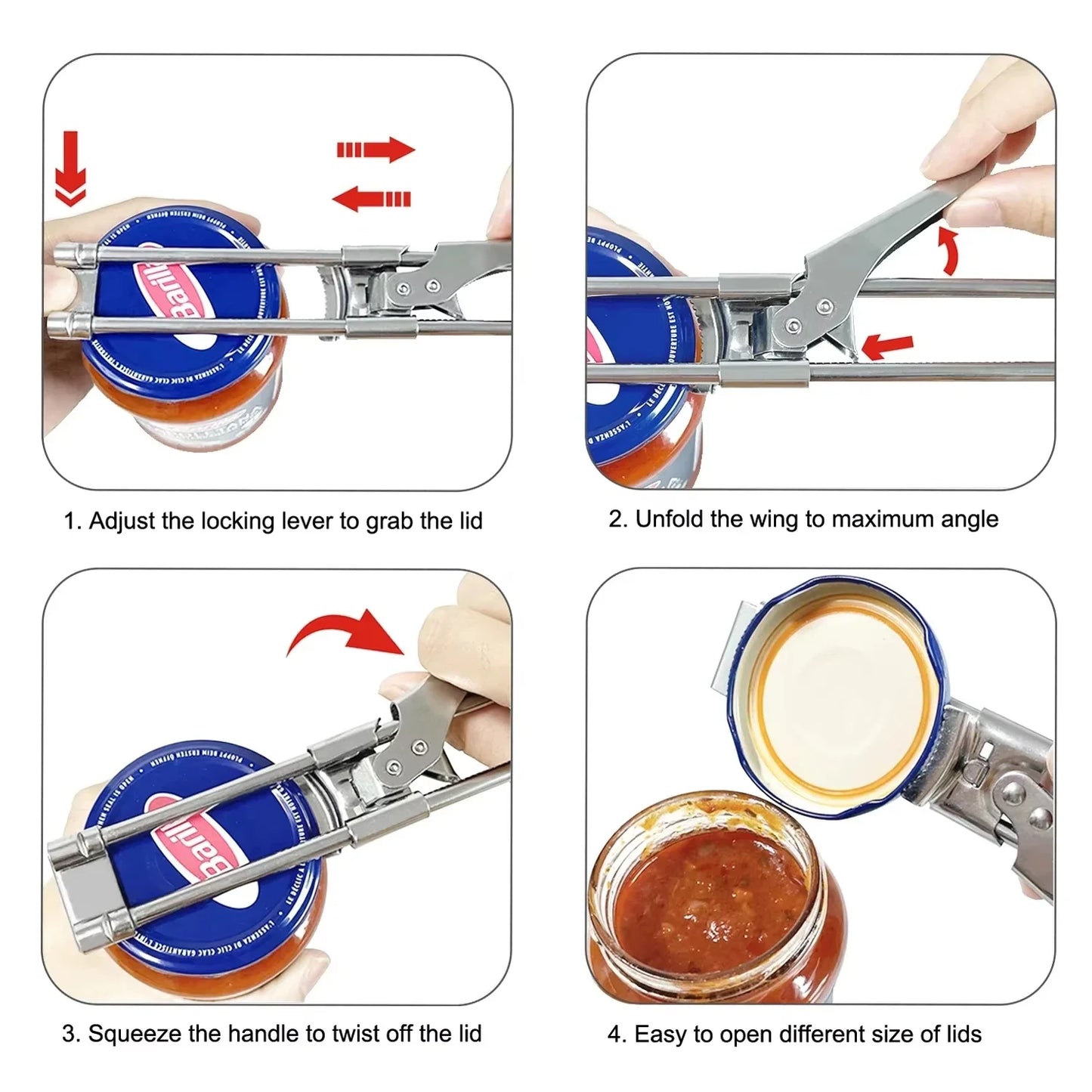 Verstelbare roestvrijstalen, antislip, multifunctionele pot- en flesopener, ergonomisch, robuust keukengereedschap