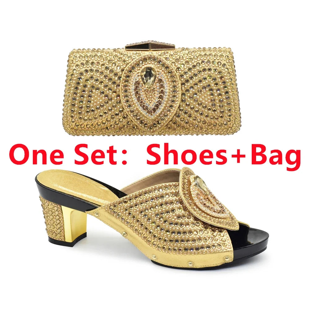 Italian Shoes with Matching Bags with Rhinestone Luxury Crystal Shoe Women Designers Nigerian Women Party Pumps with Purse