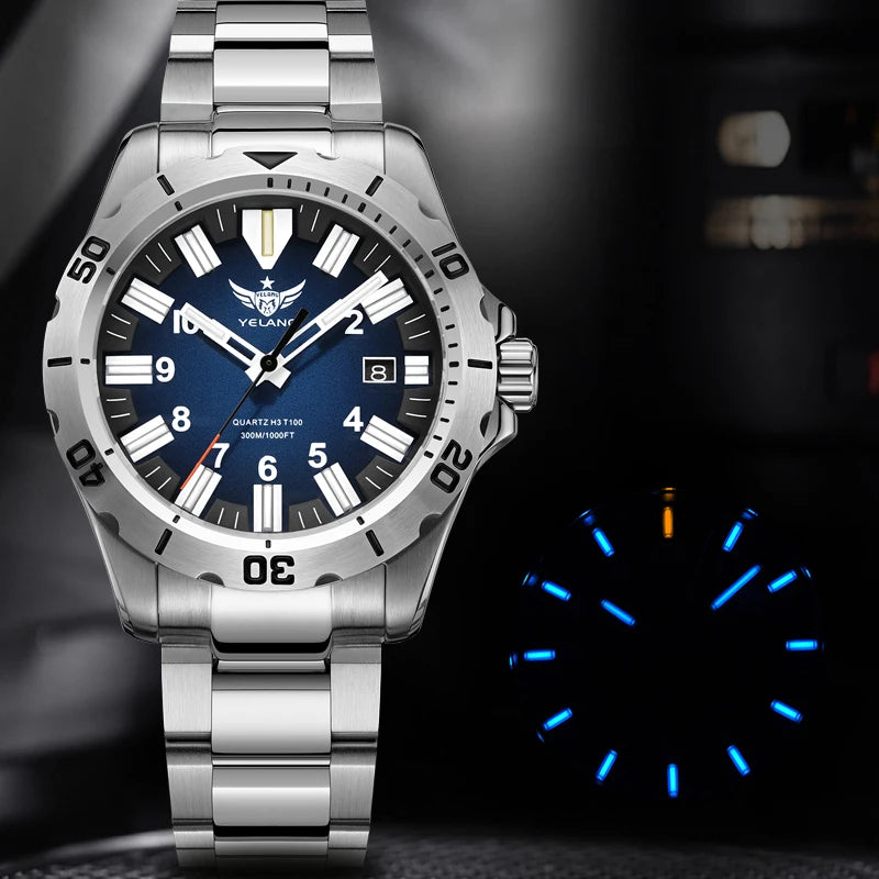 YELANG V1036 42mm Men's Quartz Watch Luminous Display Japan Movement 30ATM Waterproof Stainless Steel Band with Luminous Hands