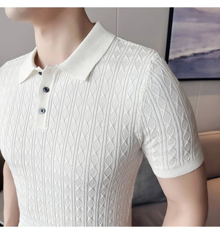 Men's Slim-Fit Jacquard Knitted Short-Sleeved Polo Shirt for Male Fashion Lapel Golf Shirt