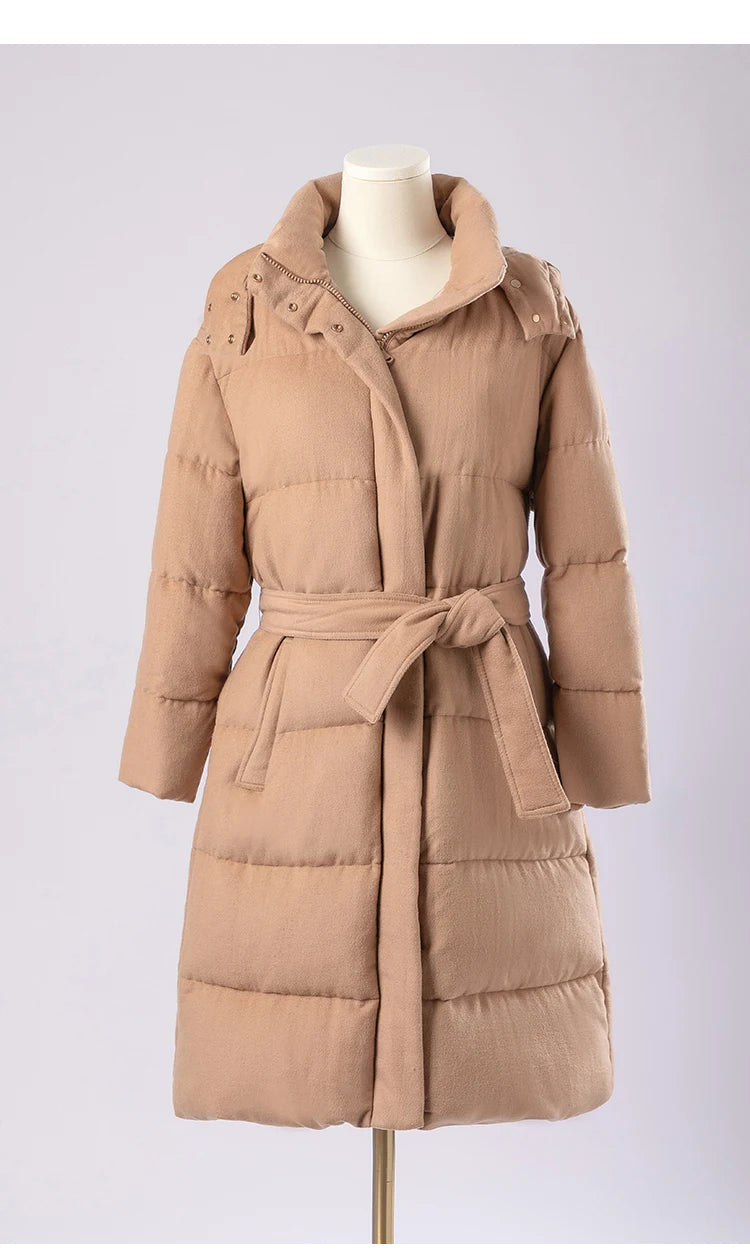 Women's Luxury Puffer Wool Winter Jacket, Duck Down Coat, Long Hat Detachable Hooded Outerwear For Ladies