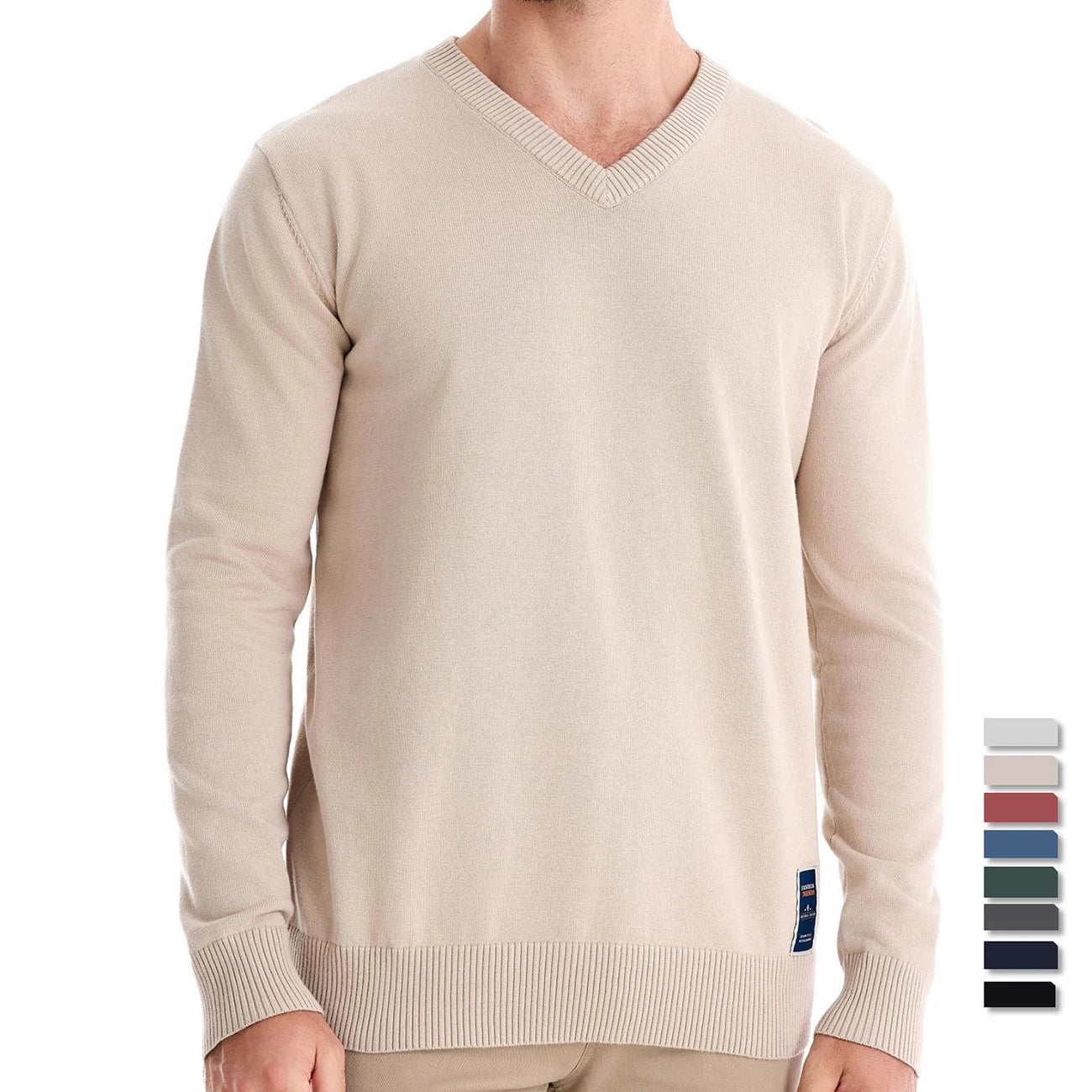 Men's V-neck Solid Cotton Pullover Sweaters Long Sleeve Casual Social Knitted Sweaters for Men