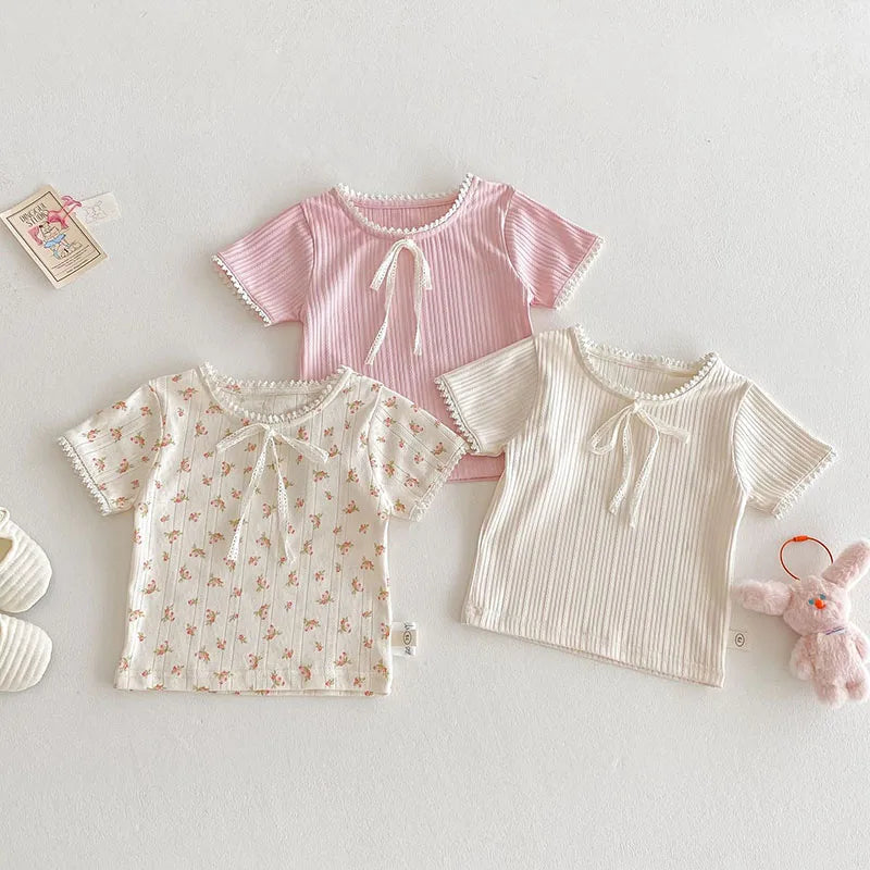 New Summer Kids T-shirt Boys Cute Hollow Out Floral Tops Children Thin Style Pit Strip Lace Girls Tee 1-5T Unisex