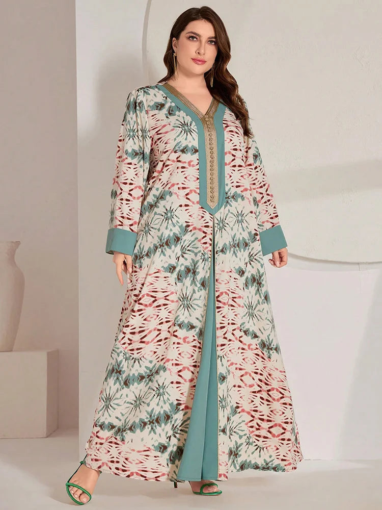 Women's Summer Print A-Line Abaya Elegant Long Dresses Plus Size Tie-Dye & Patchwork Woven Belt Arabic Clothing For Ladies