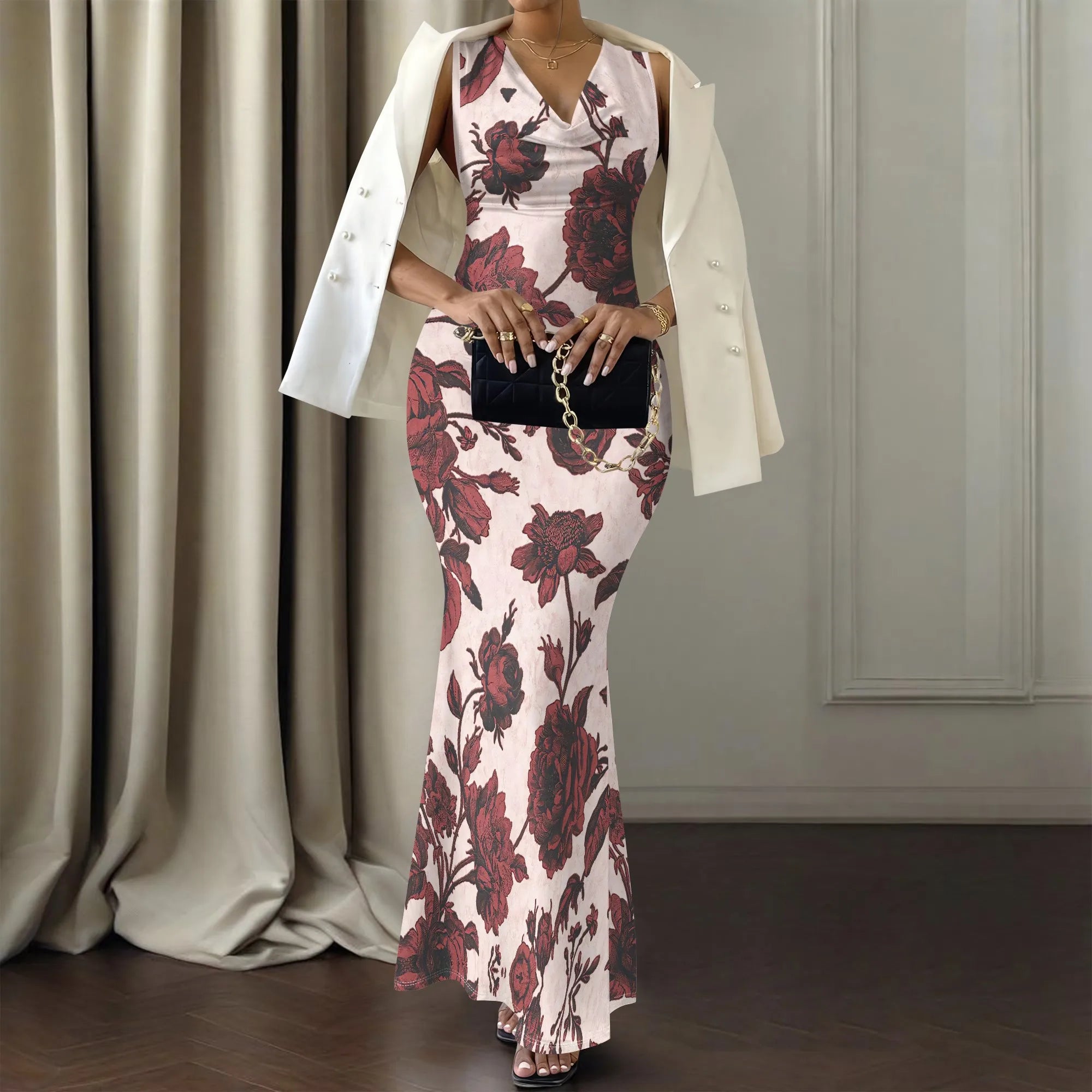 Women's V-Neck Sleeveless Maxi Dress Vintage Red Floral Print Elegant Bodycon Evening Dress