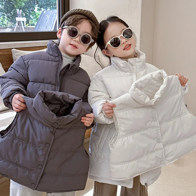 Winter Kids Parkas Thicken Vest And Parkas 2 Pcs Boys Long Parka Cotton Lining Girls Jacket 4-6Y Unisex