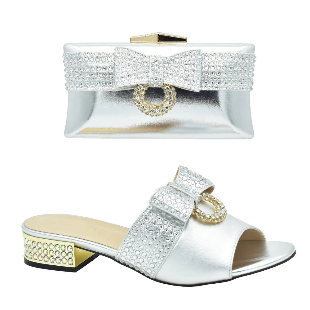Italian Ladies Shoes and Bags To Match Set Decorated with Rhinestone Sling Backs Low (1cm-3cm) Luxury Shoes Women Designers