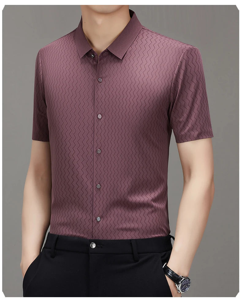 Men's Summer Lapel Shirt, Slim Fit Short-Sleeved, Fashion Dark Pattern Knitted Fabric Polo Shirt