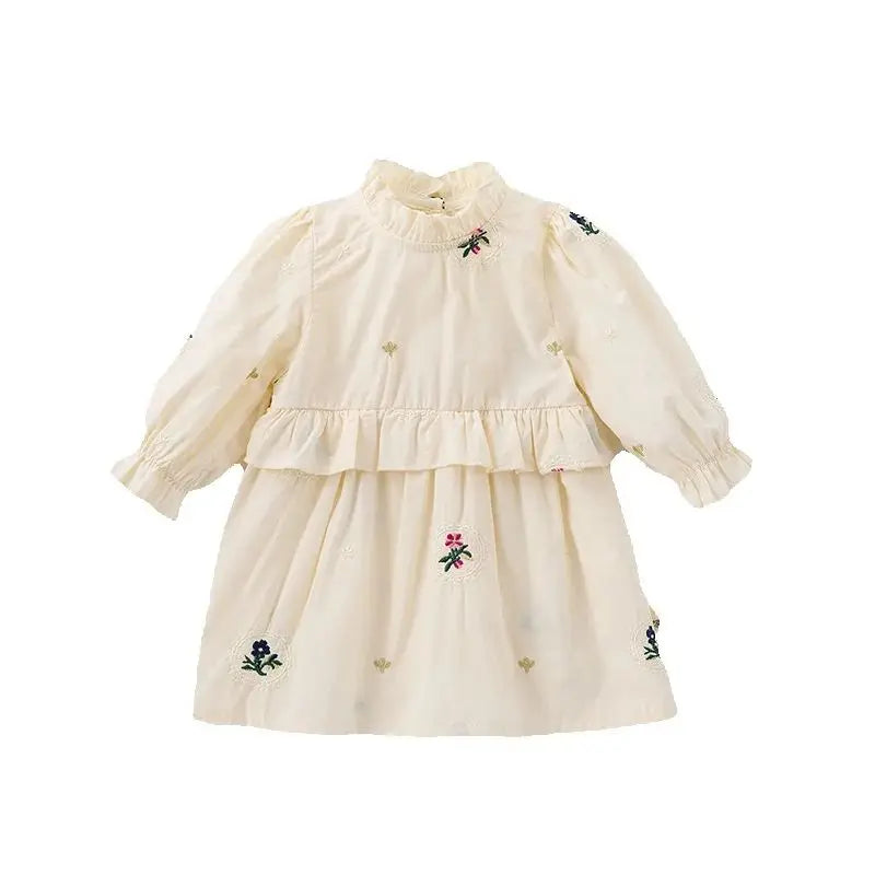 Spring Girls' Long Sleeve Dress 0-6Y Flower Embroidery Ruffled Collar Baby Children's Princess Dress Retro Style Kid's Clothing