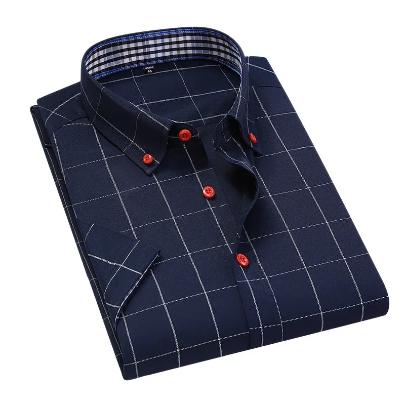 Summer Men Shirts Short Sleeve Plaid Shirt Slim Casual Button Up Dress Shirts Men Big Size M-5XL Anti-wrinkle Soft