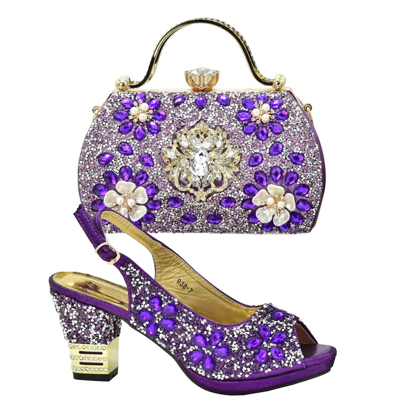 Italian Women Wedding Shoes and Bag Set Decorated with Rhinestone Africa Shoe and Bag Set Plus Size Heels 43 Wedding Shoes Bride