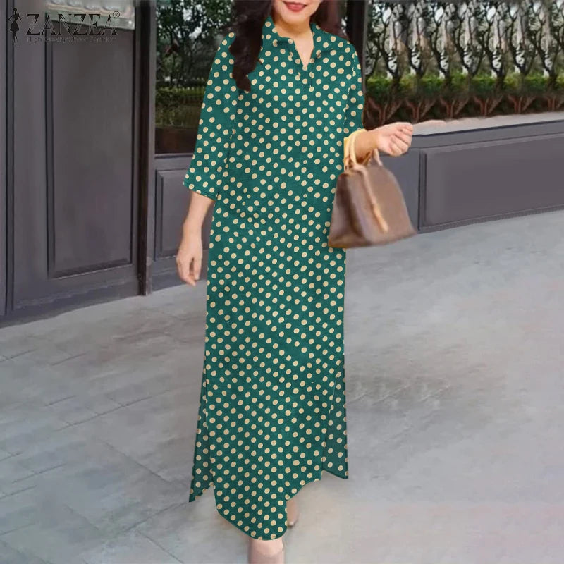 Polka Dot Vintage Shirtdress Women 2025 Autumn Loose Casual 3/4 Sleeve Turn-down Collar Vestidos Holiday Maxi Dress