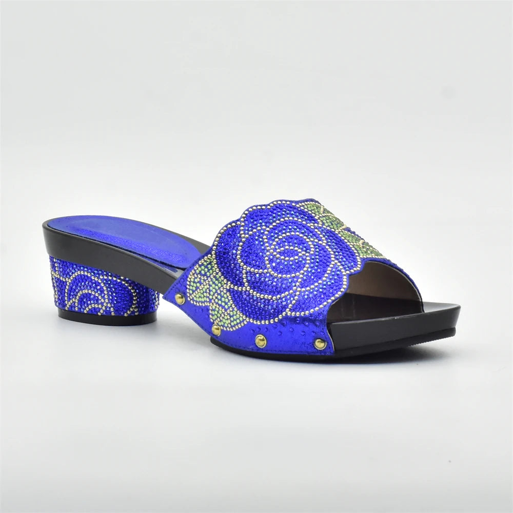 Women's Italian Shoes with Matching Bags Set Decorated with Rhinestone Open Toe Ladies' Slippers Shoes