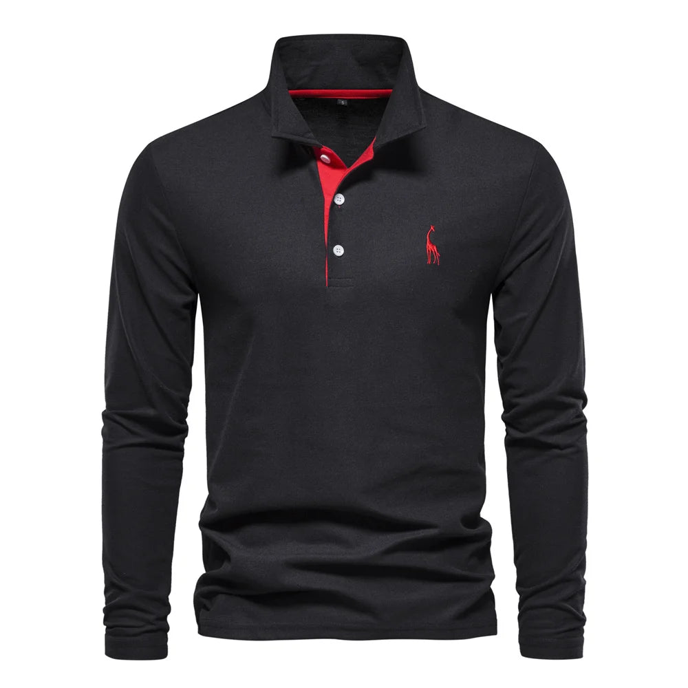 New Men's Deer Embroidery Polo Shirts Solid Colour Long Sleeve Social Business Male