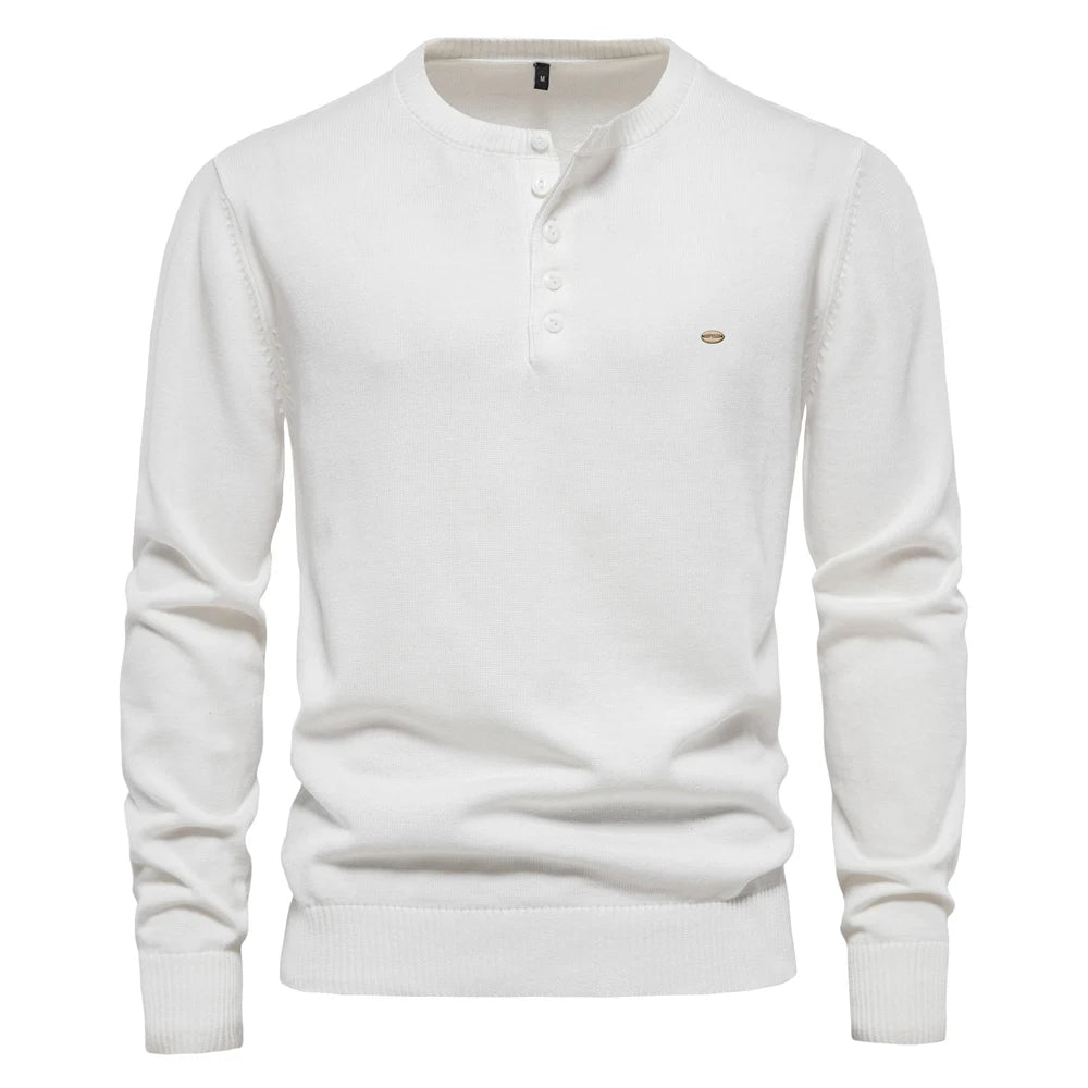 Men's Henley Collar Sweaters 100% Cotton Solid Colour Casual Pullovers Autumn Thin High Quality Sweaters for Men