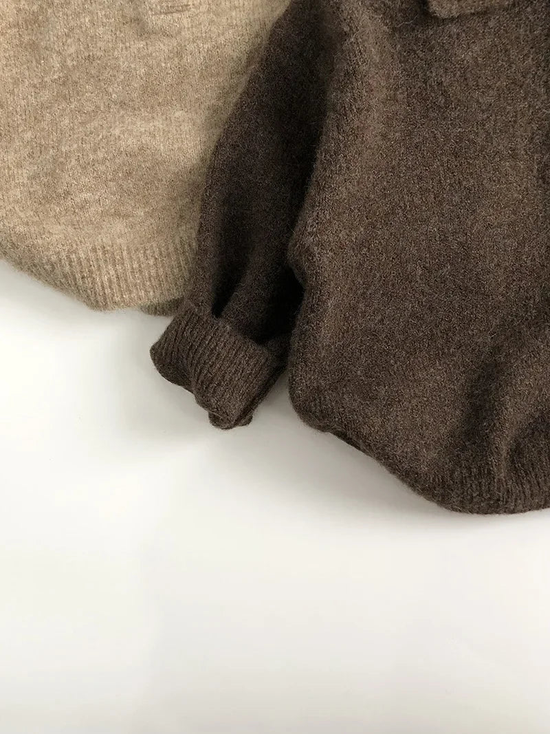 Autumn New Boys Clothes Kids Knit Turn Down Collar Sweater Children's Trendy Solid Colour Pullover Girls Outwear 1-6Y Unisex